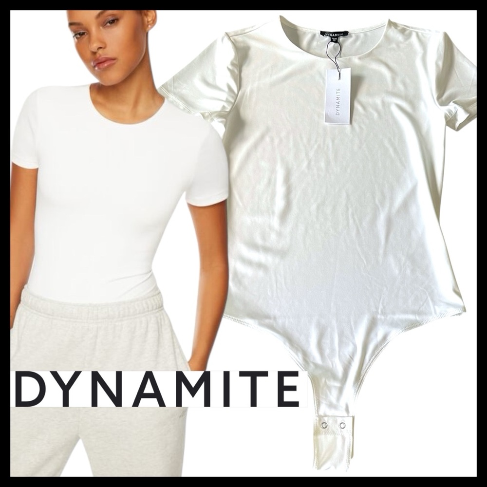NWT Dynamite DREA White Sculpt Short Sleeve Crew Neck Bodysuit (XS)